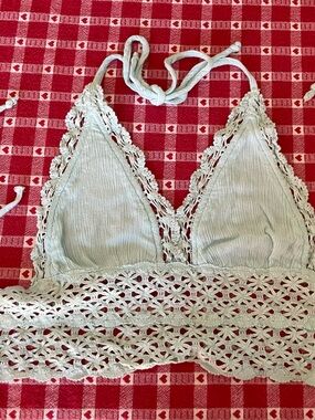 Cotton Candy LA.  Pale blue lacy bralette top with floral embroidery Size S